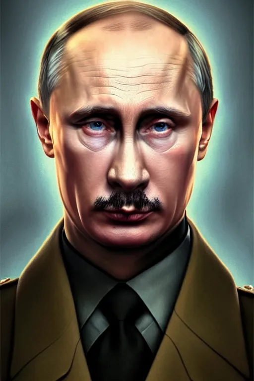 Image similar to vladimir putin as hitler, realistic portrait, symmetrical, highly detailed, digital painting, artstation, concept art, smooth, sharp focus, illustration, cinematic lighting, art by artgerm and greg rutkowski and alphonse mucha