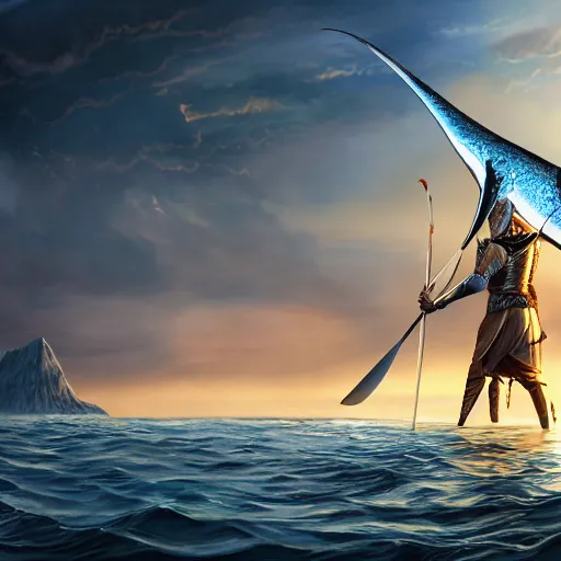 Prompt: lord sauron on his new paddle fishing a giant swordfish, cap canaveral background, digital art, trending on art station, high quality, uhd 8 k, beautiful, golden hour, intricate detail, high gradient, raytracing