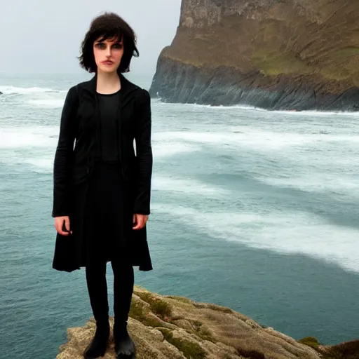 Prompt: 1 7 - year - old pale - skinned british - persian girl with black long bob cut, long bangs, black gothic jacket, black jeans, psychic girl, standing on cliff along the irish coast, overcast gray skies, ultra - realistic, sharp details, subsurface scattering, intricate details, art by william - adolphe bouguereau