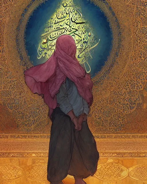 Image similar to a faceless bedouin child infront of a big open quran highly detailed, gold filigree, romantic storybook fantasy, soft cinematic lighting, award, disney concept art watercolor illustration by mandy jurgens and alphonse mucha and alena aenami, pastel color palette, featured on artstation