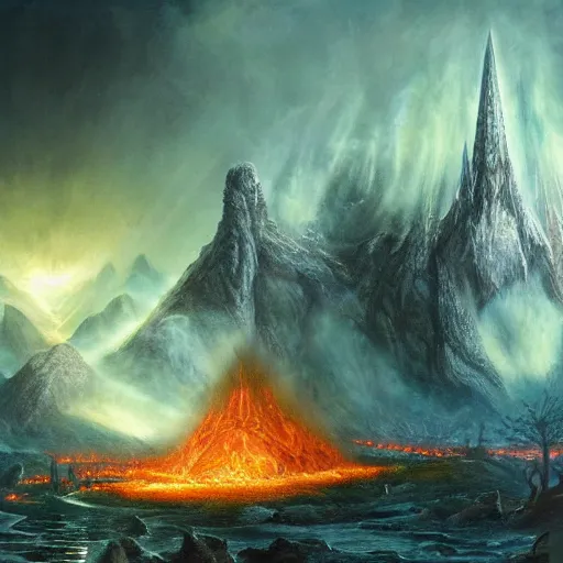 Prompt: Tolkien's The Silmarillion, morgoth attacking the valar, ultra detailed, matte painting, fire, water, earth, tree, army, epic, end of days, 8k