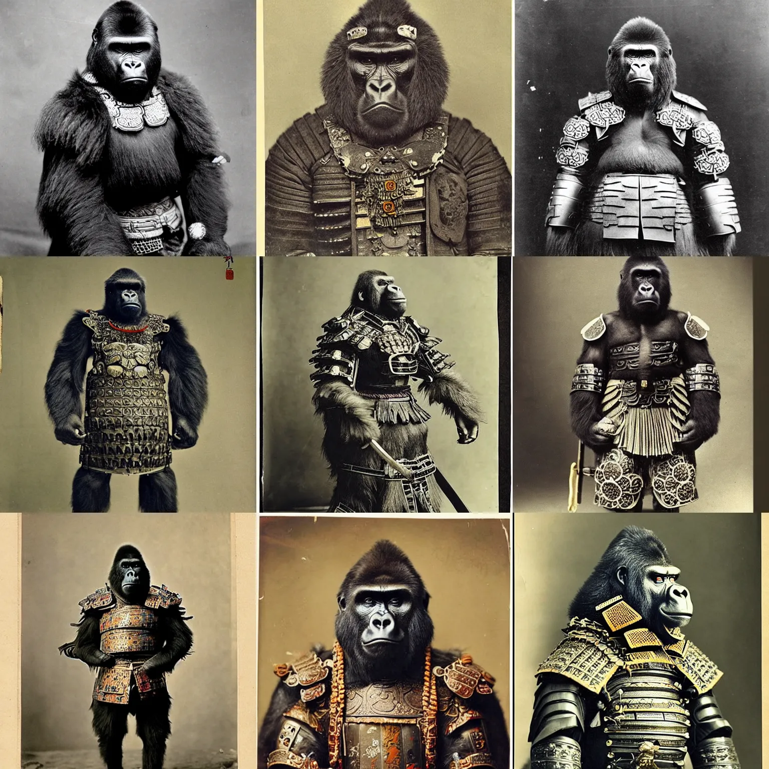 Prompt: “gorilla in full ornate samurai armour, 1900’s photo”