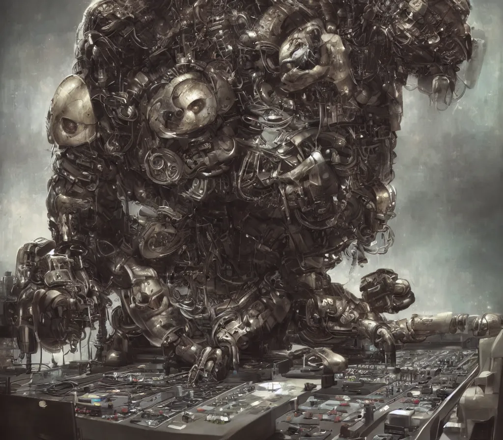 Image similar to an anthropomorphic cyborg bear dj mixing records on stage by art germ, krenz cushart, tomasz alen kopera, and pascal blanche, photorealistic, highly detailed, sharp focus, illustration, lifelike, highly detailed, intricate, cyberpunk, cyborg, robotics, biomechanics, trippy