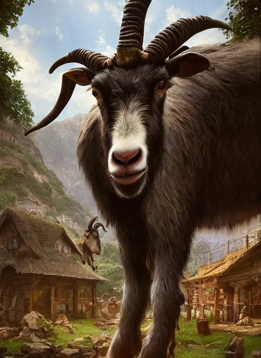 Prompt: giant goat on a fantasy village, art by artgerm and greg rutkowski, cinematic shot, intricate, ornate, photorealistic, ultra detailed, trending artstaition, realistic, 1 0 0 mm, photography, octane, high definition, depth of field, bokeh, 8 k