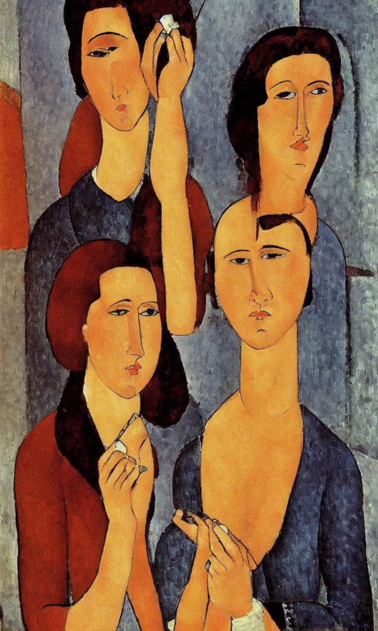 Image similar to amedeo modigliani. portrait of a woman with brown hair and a blue shirt holding an iphone in her hand. very soft brush.