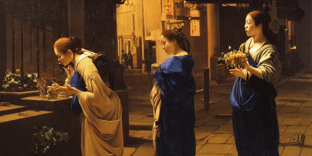 Image similar to beautiful oil matte portrait painting, man offering a flower to a woman in a tokyo alley at night, raining, wonderful masterpiece highly detailed, beautiful cinematic light deep focus, elegant, digital painting, smooth, sharp focus, golden ratio, dramatic illumination, ultra realistic, 8 k, art by artemisia lomi gentileschi and caravaggio