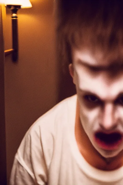 Image similar to a still shot portrait of a scary male drug addict ghost jumpscare to camera in a hotel room, horror
