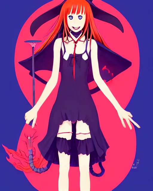 Image similar to full body beautiful anime witch girl Taissa Farmiga sharp teeth, red glowing hair, smiling, full body pose, symmetrical face symmetrical eyes, blurry background, Jamie McKelvie comic art, Alexandra Fomina artstation, face by Ilya Kushinov style, style by Loish, Norman Rockwell, painterly style, flat illustration