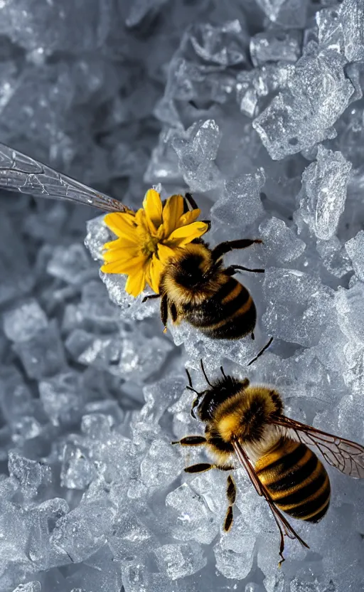 Image similar to a bee finding a beautiful flower, both entrapped in ice, only snow in the background, beautiful macro photography, ambient light