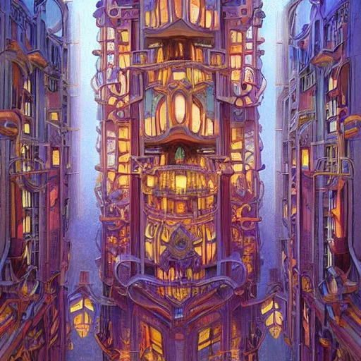 Prompt: beautiful painting of an art moderne city, glowing windows. reflective detailed textures, moth wings, highly detailed dark fantasy science fiction painting by donato giancola and peter mohrbacher and nicholas roerich and diego rivera, elaborate geometric ornament, ancient runes, silver and cool colors. artstation