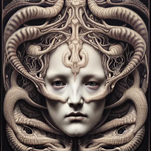 Prompt: detailed realistic beautiful porcelain calaveras face goddess portrait by jean delville, gustave dore, iris van herpen and marco mazzoni, art forms of nature by ernst haeckel, art nouveau, symbolist, visionary, gothic, neo - gothic, pre - raphaelite, fractal lace, intricate alien botanical biodiversity, surreality, hyperdetailed ultrasharp octane render
