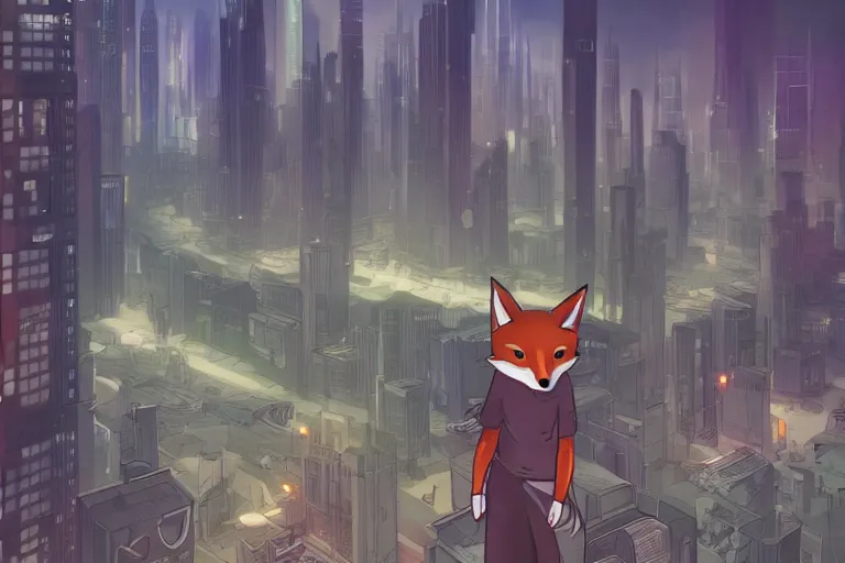 Image similar to an anthropomorphic fox with a fluffy tail staring over a futuristic city from the top of a roof, comic art, trending on furaffinity, cyberpunk, backlighting, cartoon