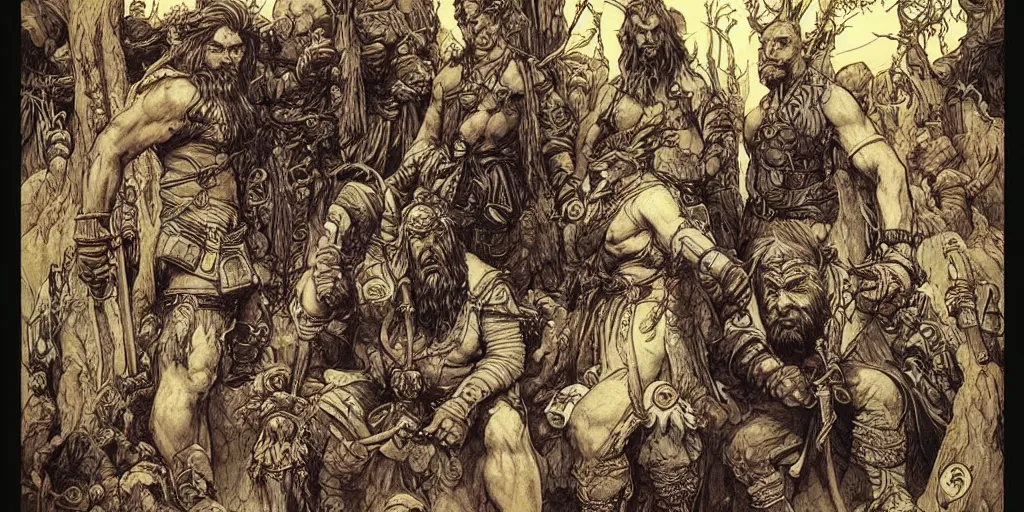 Prompt: “ ornate dwarf warriors : : forestpunk : : magic : : epic : : cinematic : : on dark paper : : watercolour : : art nouveau : : poster style : : by paul pope : : brian froud : : moebius : : travis charest : : gustave dore ”