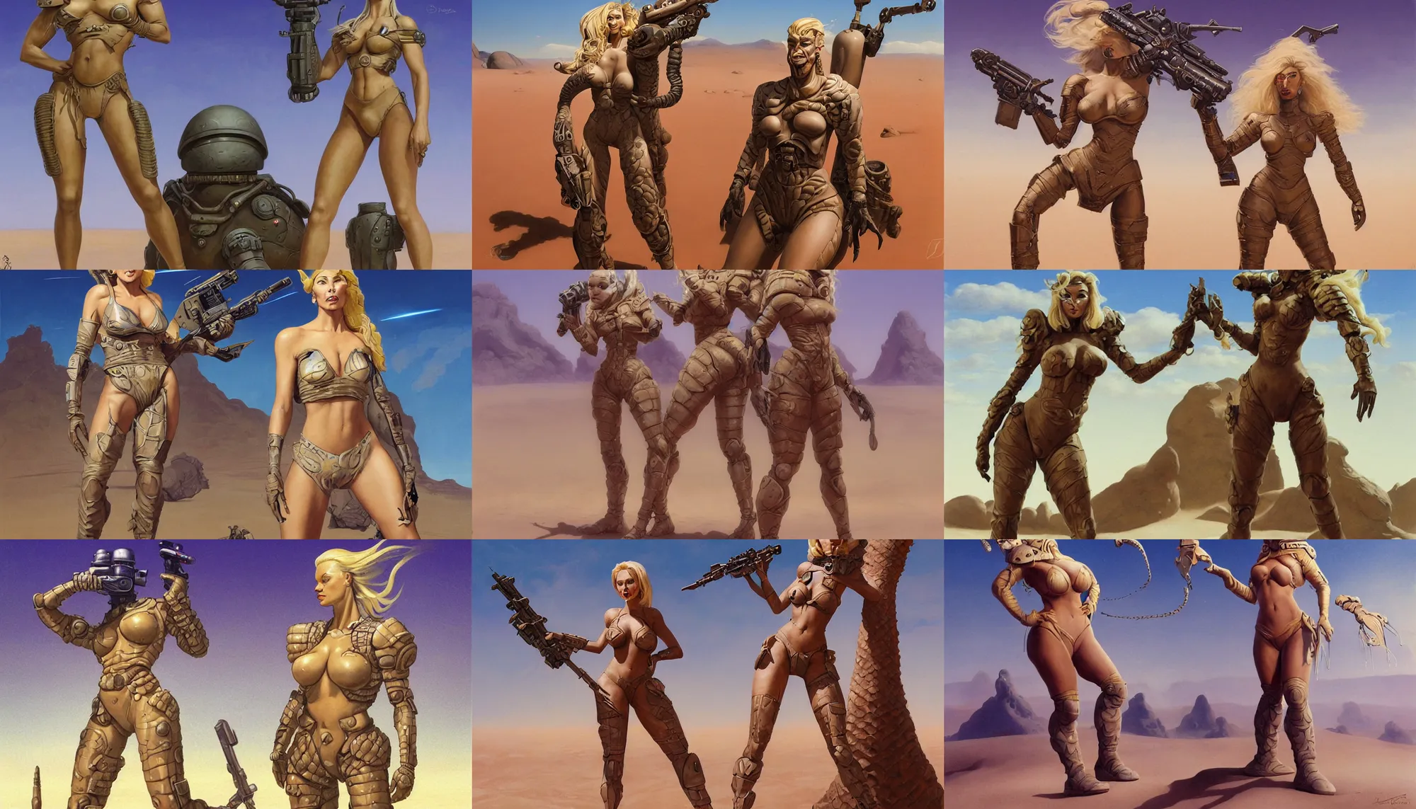 Prompt: A mixed media portrait painting of a beautiful blonde woman posing on a desert alien planet, soldier, curvy, Dune-style armored bikini and boots, detailed Aesthetic! face and eyes, slavic, by Boris Vallejo, Beeple, Frank Frazetta, Greg Rutkowski, Christian MacNevin, epic fantasy character art, high fantasy, CGsociety, 60's Sci-fi Pinup style, exquisite detail, post-processing, masterpiece, cinematic, crysis