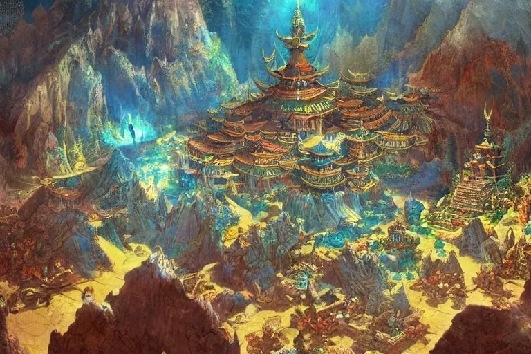 Image similar to the mythical buddhist kingdom of shambhala, in the style of frank frazetta and bob pepper, ultra realistic, atmosphere glow, detailed intricate, colorful, cinematic lighting, unreal engine, god lighting