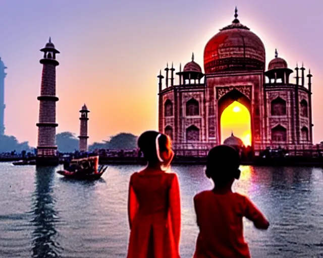 Image similar to a 4 k cinematic film shot still of taj mahal next to gateway of india and a young mumbai girl looking at them during sunset