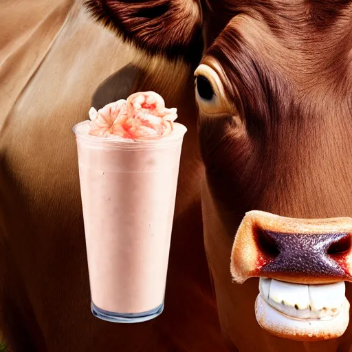 Image similar to a well dressed milkshake next to a brilliant shrimp, in the mouth of a cow, hyper realistic, sharp focus, hyper - detailed, 8 k resolution