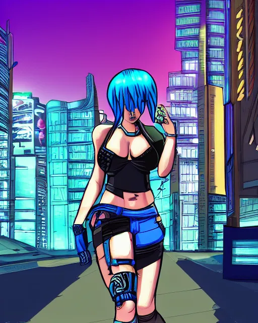 Image similar to cel shaded art of a pretty blue haired girl, jet grind radio graphics, cyberpunk city street background