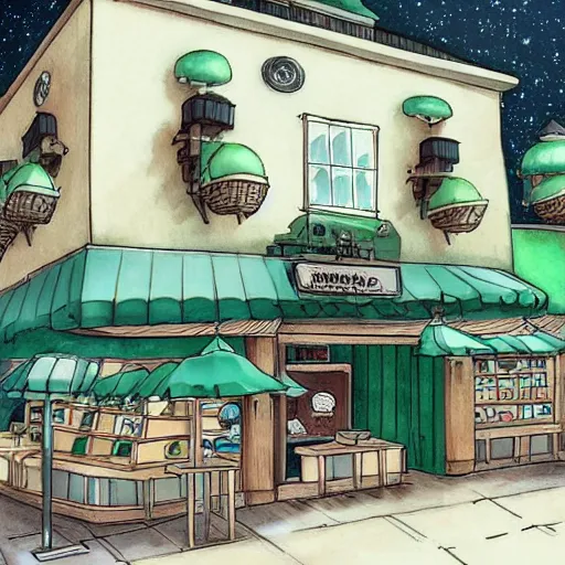 Image similar to starbucks shop with spirited away style, no face man, illustrate, art by ghibli studio