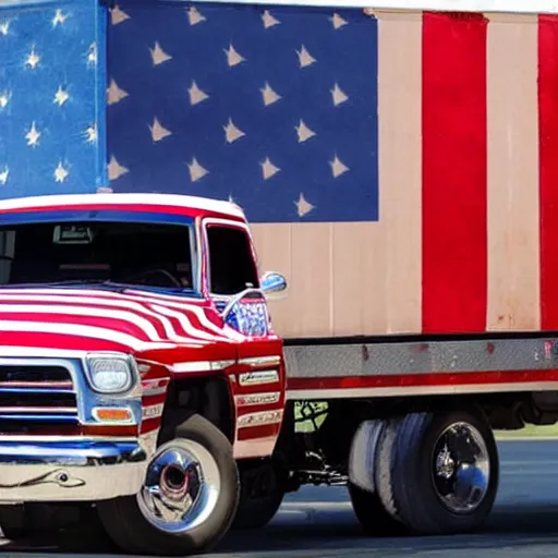 Prompt: pgoto of trump pickup trucks with american flags, there are very attractive woman in the back of the truck.