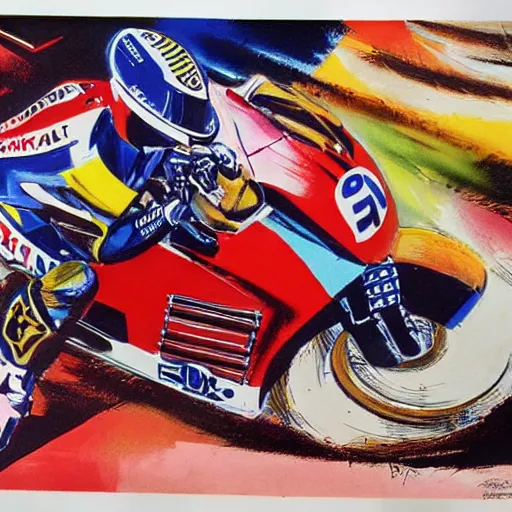 Image similar to photorealistic picture, by bob peak and alex ross, moto gp ads in 1 9 9 0 s, gouache and wash paints, fine details, fine intricate, fine facial proportionate, fine body proportionate, fine fix broken line, fine fix duplicate line, smooth sharp focus, sharp focus