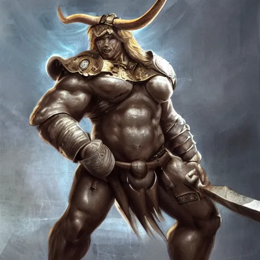 Prompt: Giant minotaur humanoid beast warrior with two handed axe, concept art, heavy white and golden armor, giant horns, full body, muscular, dungeons and dragons, hyperrealism, high details, digital painting, dark fantasy,