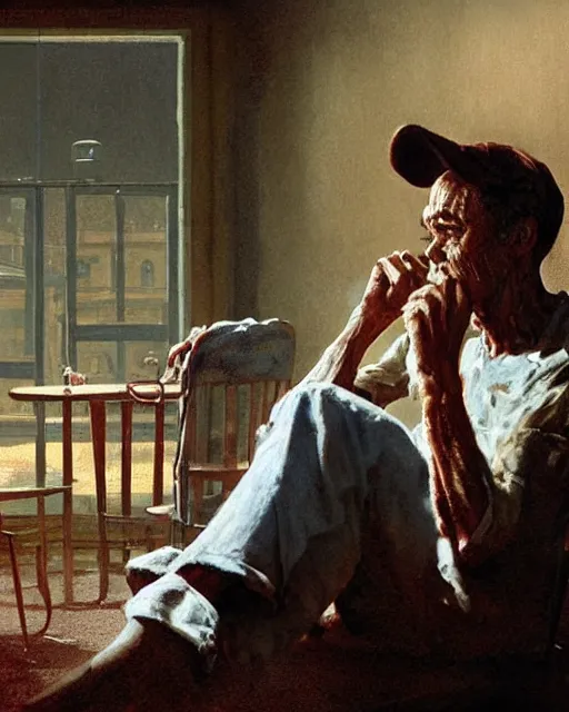 Image similar to a highly detailed epic cinematic concept art CG render digital painting artwork: Henry Fonda as a 1950s tired poet, barefoot, smoking a cigarette. volumetric lighting. By Greg Rutkowski, in the style of Francis Bacon and Syd Mead and Norman Rockwell and Beksinski, open ceiling, highly detailed, painted by Francis Bacon and Edward Hopper, painted by James Gilleard, surrealism, airbrush, Ilya Kuvshinov, WLOP, Stanley Artgerm, very coherent, triadic color scheme, art by Takato Yamamoto and James Jean