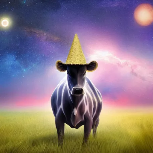 Prompt: a detailed picture of stars and a nebula shaped like a cow in a grassy field wearing a witch hat, cow wearing hat!!! viewed in profile and far away, fog in the background, ultrawide lens, aerial photography, black and blue color scheme with gold highlights, art by kirby, artstation, 8 k