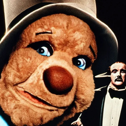 Image similar to fozzie bear in the godfather, 4k, high detail, high-resolution photograph