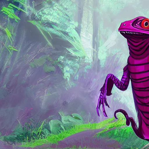 Image similar to concept art painting of an anthropomorphic lizard wearing magenta wizard robes, in the deep forest, realistic, detailed, cel shaded, in the style of makoto shinkai and greg rutkowski and james gurney