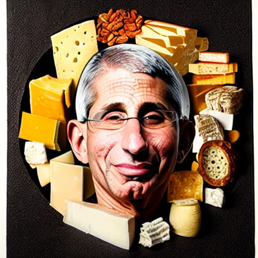 Image similar to uhd photorealistic anthony fauci made of various cheeses. photo by annie leibowitz