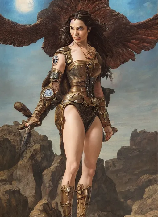 Image similar to oil painting of a highly detailed steampunk gal gadot with her hands behind the back while standing on a rock : leonardo da vinci, greg rutkowski, magali villeneuve