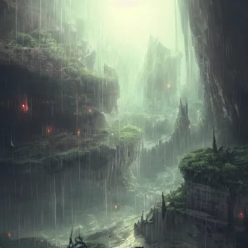 Prompt: a fantasy city built within a vast cave, illustration, raining, dark and moody lighting, digital art, fantasy, 8 k, trending on artstation, detailed