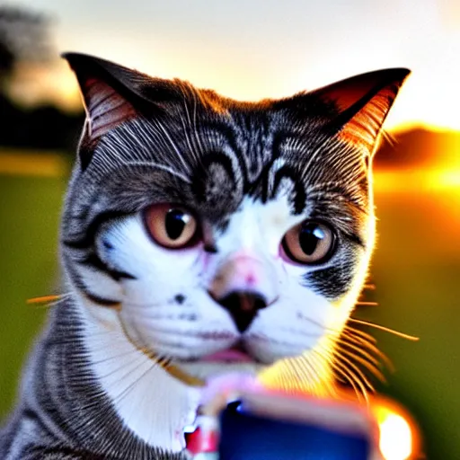 Image similar to Scottish fold cat taking a selfie, golden hour, realistic