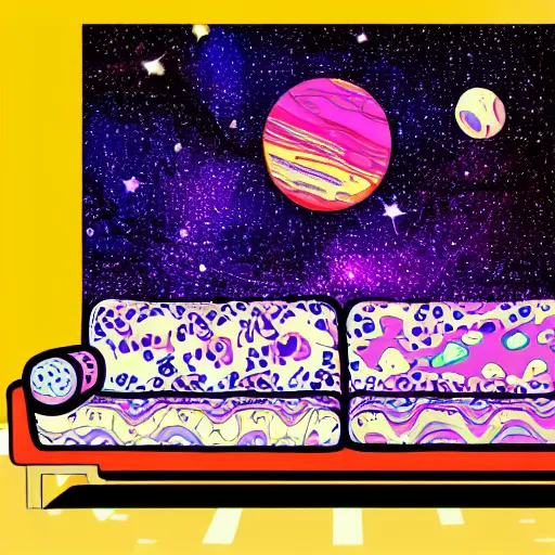 Image similar to psychedelic trippy couch in space, planets, milky way, sofa, detailed cartoon