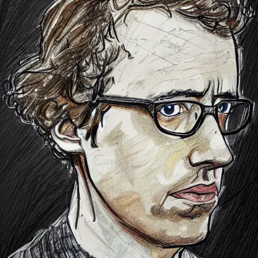 Prompt: a realistic yet scraggly portrait sketch of the side profile of a stern and sophisticated napoleon dynamite, trending on artstation, intricate details, in the style of frank auerbach, in the style of sergio aragones, in the style of martin ansin, in the style of david aja, in the style of mattias adolfsson