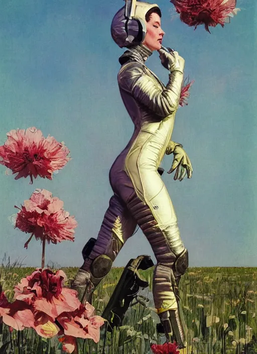 Image similar to tall elegant woman wearing a latex spacesuit standing in flowery martian meadow, by norman rockwell, jack kirby, jon berkey, earle bergey, craig mullins, ruan jia, jeremy mann, tom lovell, marvel, astounding stories, 5 0 s pulp illustration, scifi, fantasy