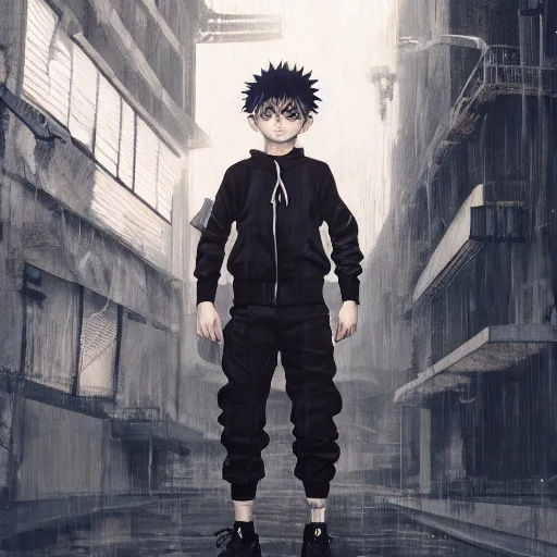 Prompt: realistic killua zoldyck, techwear, streetwear, cyberpunk style outfit, greg rutkowski, artgerm, ross tran, takato yomamoto, wlop, ilya kuvshinov, intricate complexity, detailed portrait, 4 k, cinematic lighting, artstation, sharp focus, smooth, hd, hdr, award winning, octane render