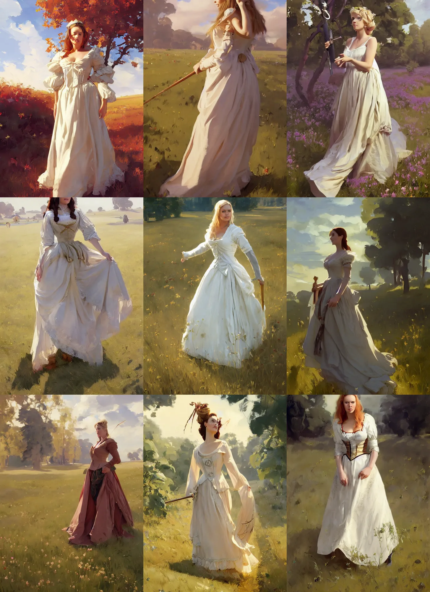 Prompt: finnish norwegian swedish scandinavian attractive glamour model as a duchess wearing 1 7 th century dress walking in the field in a sunny day, jodhpurs greg manchess painting by sargent and leyendecker studio ghibli fantasy medium shot asymmetrical intricate elegant matte painting illustration hearthstone by greg rutkowski by greg tocchini by james gilleard