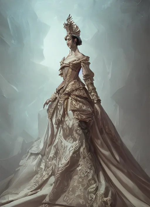 Image similar to hyper realistic photo of baroque luxury fashion queen full body, symmetric, rule of thirds, cinematic, artstation, cgsociety, greg rutkowski, james gurney brom