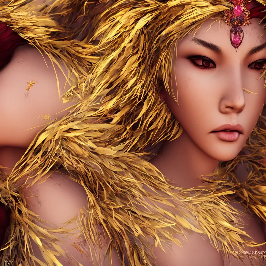 Image similar to closeup photoshoot of single asian goddess of bliss and honey, feathers hair, silk flowing in wind, totemic ritualistic tarot sigils embedded in ruby skin, photoreal, unreal engine, redshift render, trending on artstation