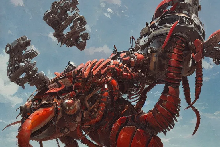 Prompt: very detailed vintage science - fiction giant robot lobster, beautiful painting, david roberts, greg rutkowski, james gurney, artstation.