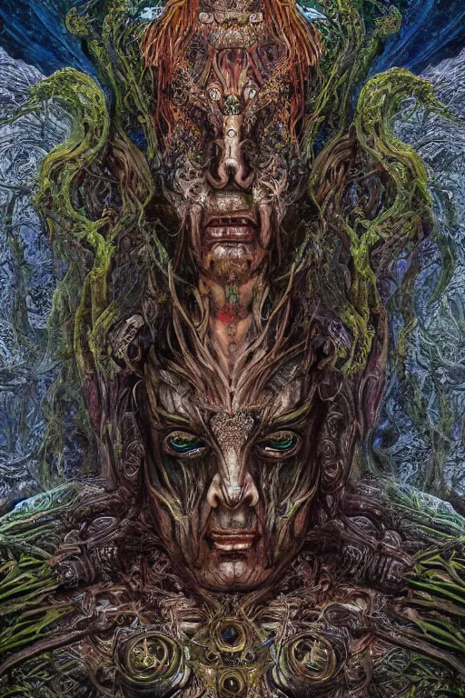 Image similar to 8k overdetailed maximalist ent darkfantasy art by oleksandra shchaslyva cinematic symmetric portrait of an ancient ent god emperor. Centered, uncut, unzoom charachter illustration. Ayahuasca visual manifestation. Surreal render, ultra realistic, zenith view. Inspired by giger feat peter gric and bekinski. Overpainted by salviadroid. Extremely ornated. artstation, cgsociety, unreal engine, ray tracing, detailed illustration, hd, 4k, digital art, overdetailed art. Intricate omnious visionary darkscifi fantastic realism concept art. complementing colors. Trending on artstation, deviantart