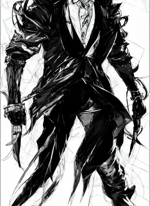 Image similar to Full body portrait of a god of intellect, a man in a tuxedo wearing a shattered mirror mask. In style of Yoji Shinkawa and Hyung-tae Kim, trending on ArtStation, dark fantasy, great composition, concept art, highly detailed, dynamic pose.