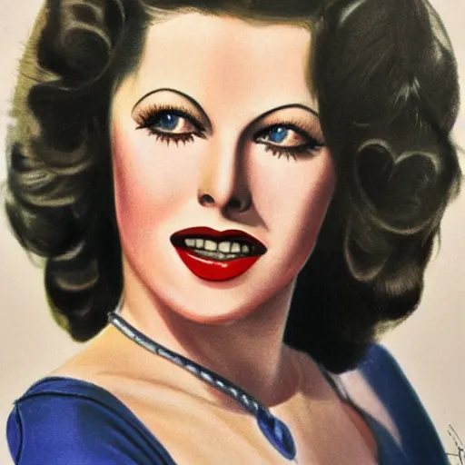 Image similar to a 1 9 2 0 s ultra - realistic color portrait. happy, healthy, beautiful, smiling, young, sporty, blonde, blue - eyed symmetric hedy lamarr in decent athletic wear. hyper - realistic detailed drawing