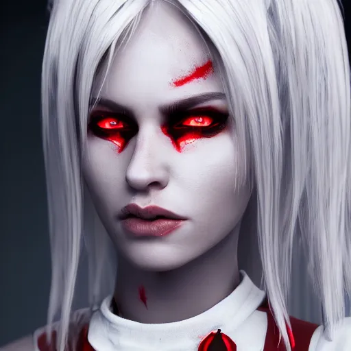 Image similar to a highly detailed portrait of a humanoid demon girl with white hair, red horns, in white clothes, red eyes artstation, deviantart, professional, unreal engine 5, photorealistic