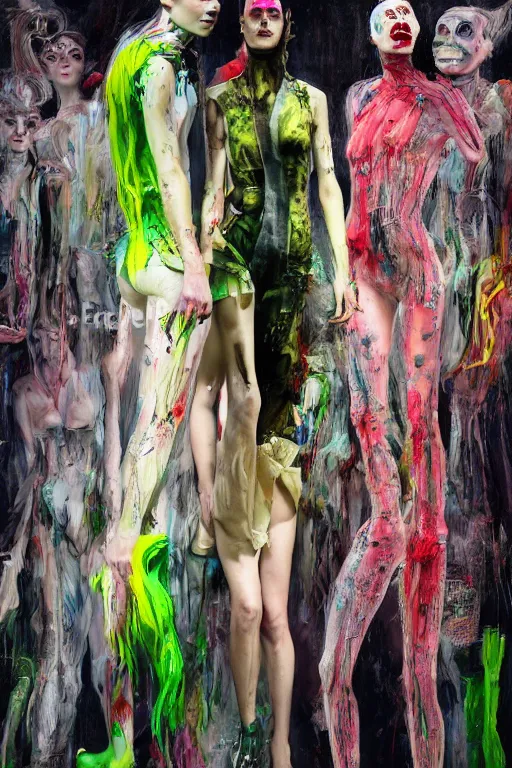 Image similar to crazy fashion catwalk, one model, crazy clothes, biopunk style, horror, clothes look like slime, hauntingly surreal, highly detailed painting by francis bacon, edward hopper, adrian ghenie, gerhard richter, and james jean soft light 4 k,