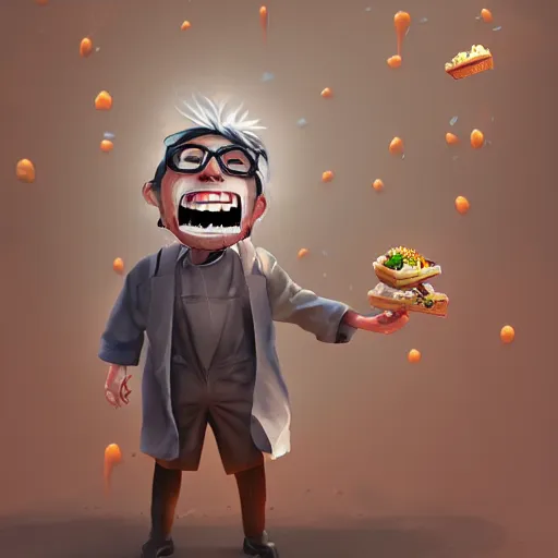 Prompt: a mad scientist in his back yard laughing happily at the food which he is falling from the sky , concept art, trending on artstation 3D.