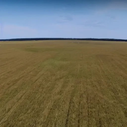 Prompt: drone shot of a grassy plain area with no trees, a creepy / disturbing humanoid creature can be seen in the distance in the plain field, eerie, grainy footage, noon,