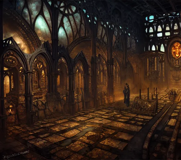 Image similar to steam necropolis, memento mori, gothic, neo - gothic, art nouveau, hyperdetailed copper patina medieval icon, stefan morrell, philippe druillet, ralph mcquarrie, concept art, steampunk, unreal engine, detailed intricate environment, octane render, moody atmospherics, volumetric lighting, ultrasharp, ominous, otherworldly